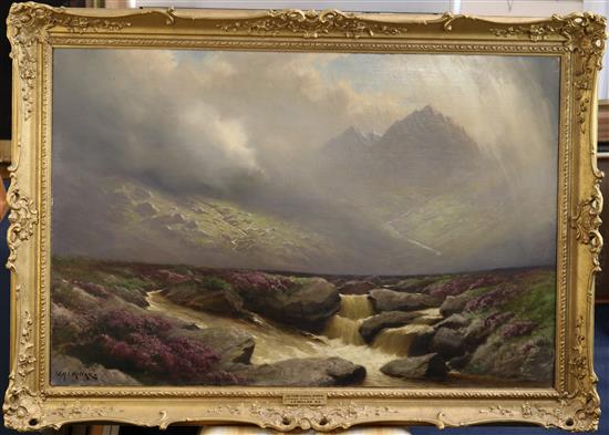 James H C Millar (exh.1884-1903) In the Highlands - clearing after the rain and A Perilous Calling - getting seabirds eggs on the Cor